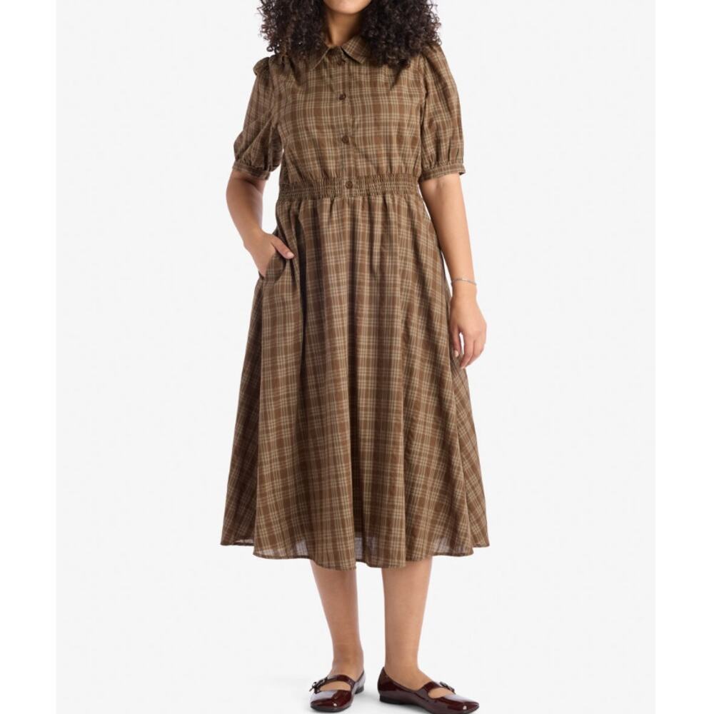 Sweet Salt Annmarie Midi Dress Size Small Puff Sleeve Collared Brown Plaid - Picture 5 of 7